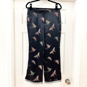Vintage Black Satin Butterfly Embroidered Beaded Fringe high Waist Pant Y2K